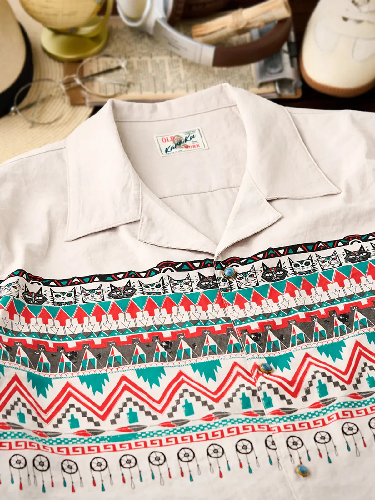 Indian-Inspired “Mystery of the Meow Tribe” Peach Skin Open-Collar Shirt sold by Karaku product image thumbnail 5