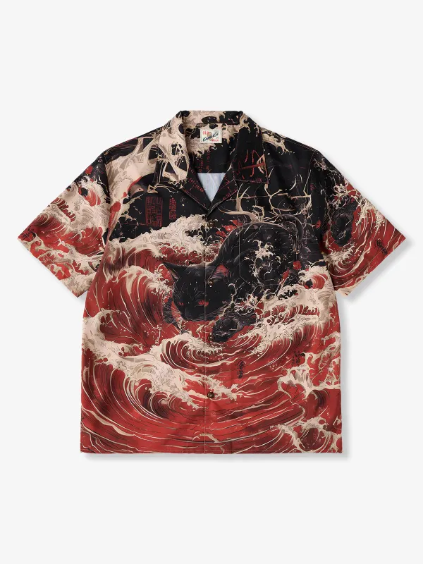 "Red Waves and Shadow Cat" Ukiyo-e Style Open-Collar Shirt sold by Karaku