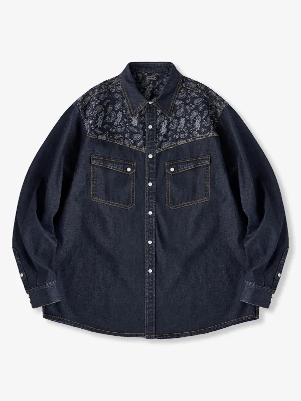 Jacquard Paisley Panel Denim Western Shirt sold by Karaku