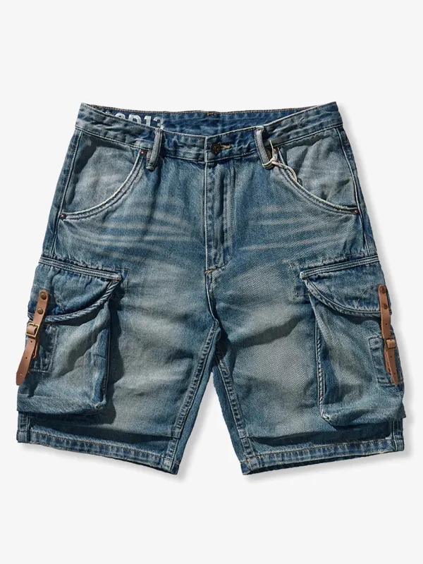 1970s Leather Buckle Washed Denim Shorts sold by Karaku