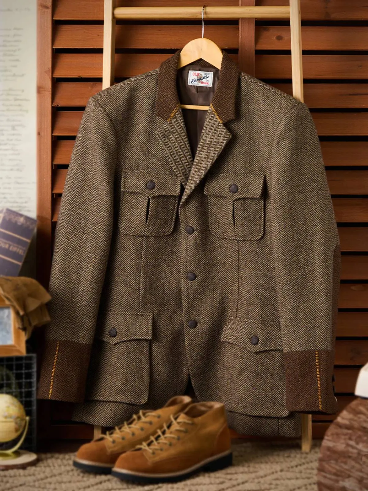 Herringbone Wool Tweed Hunting Jacket sold by Karaku product image thumbnail 5