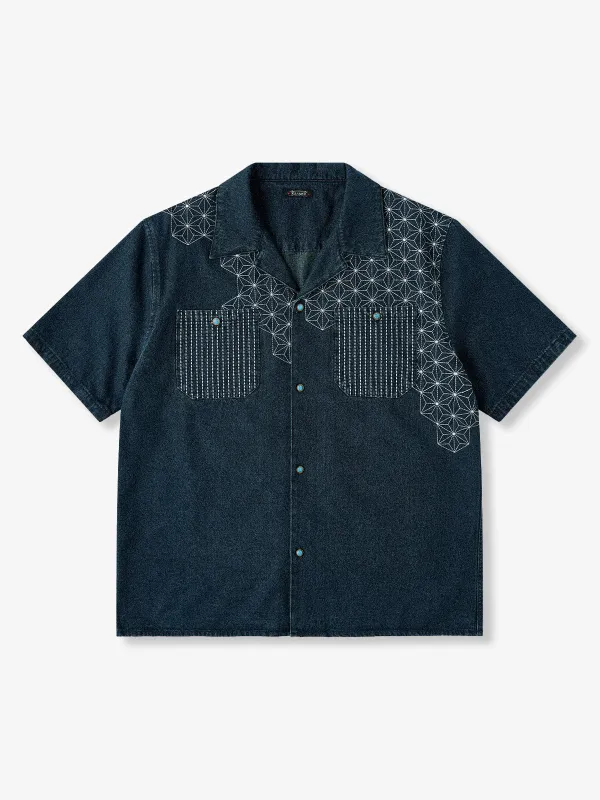 "Asanoha" Sashiko Pattern and Turquoise-Style Buttons Denim Cuban Shirt sold by Karaku