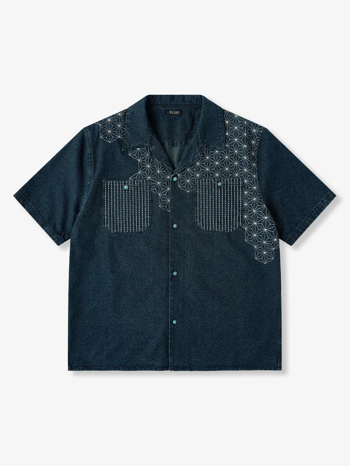 "Asanoha" Sashiko Pattern and Turquoise-Style Buttons Denim Cuban Shirt sold by Karaku