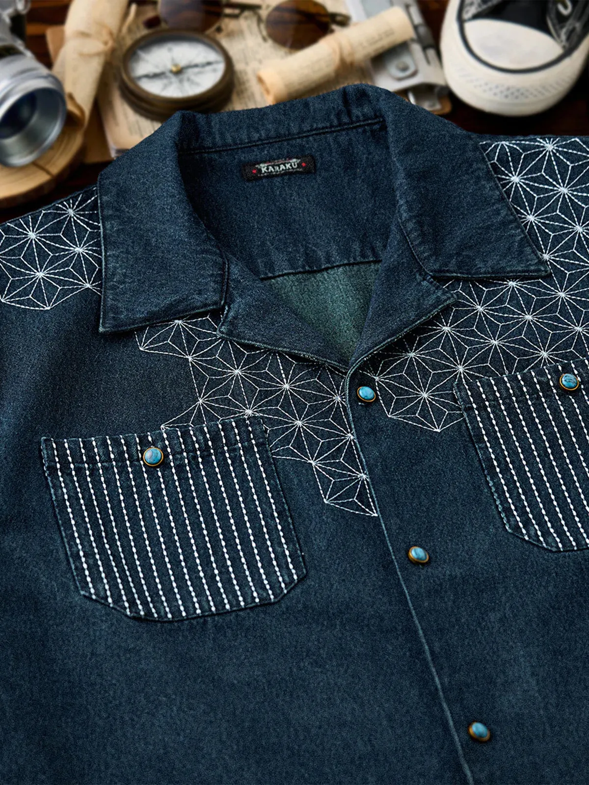 "Asanoha" Sashiko Pattern and Turquoise-Style Buttons Denim Cuban Shirt sold by Karaku product image thumbnail 5