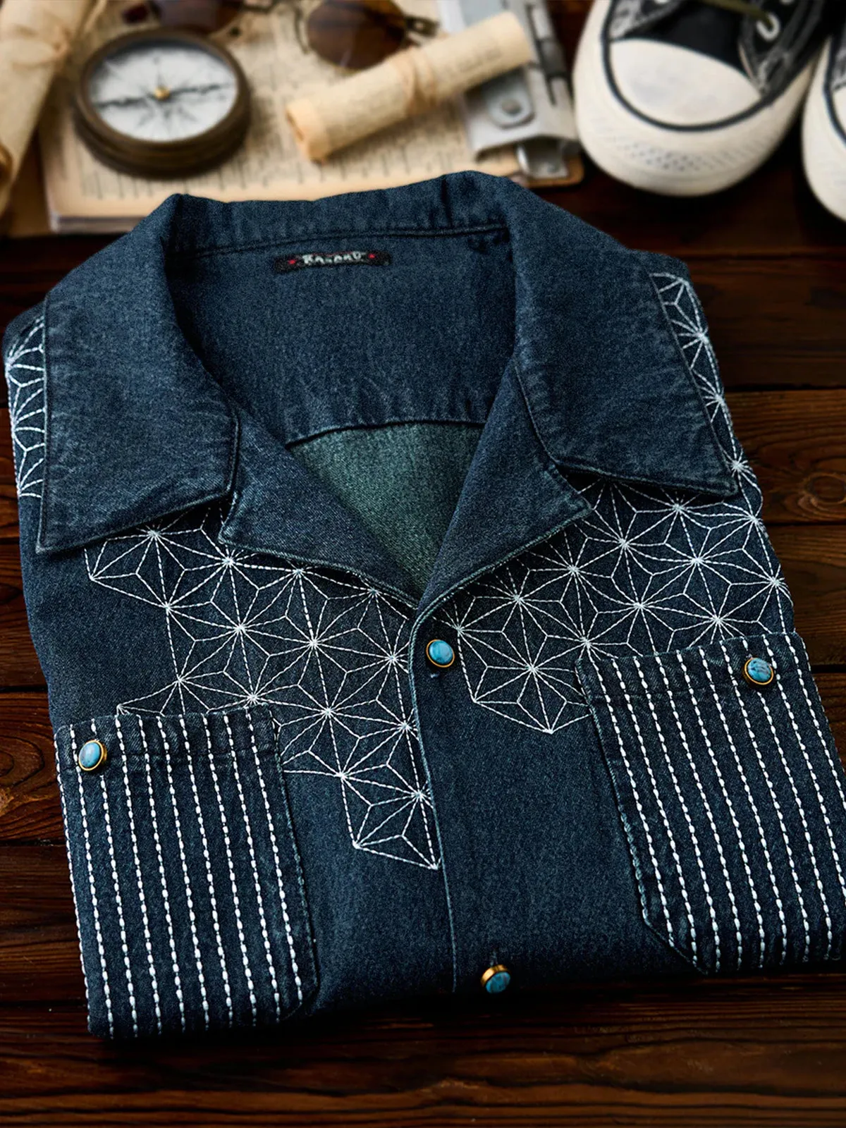 "Asanoha" Sashiko Pattern and Turquoise-Style Buttons Denim Cuban Shirt sold by Karaku product image thumbnail 4