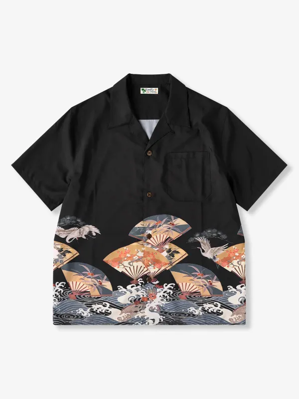 Crane, Seigaiha & Fan Motifs Ukiyo-e Aloha Shirt sold by Karaku