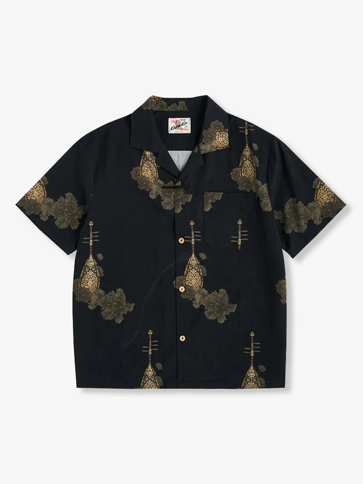 Chinese Buttons and Ink-Wash Style Biwa & Peony Motif Open Collar Shirt sold by Karaku