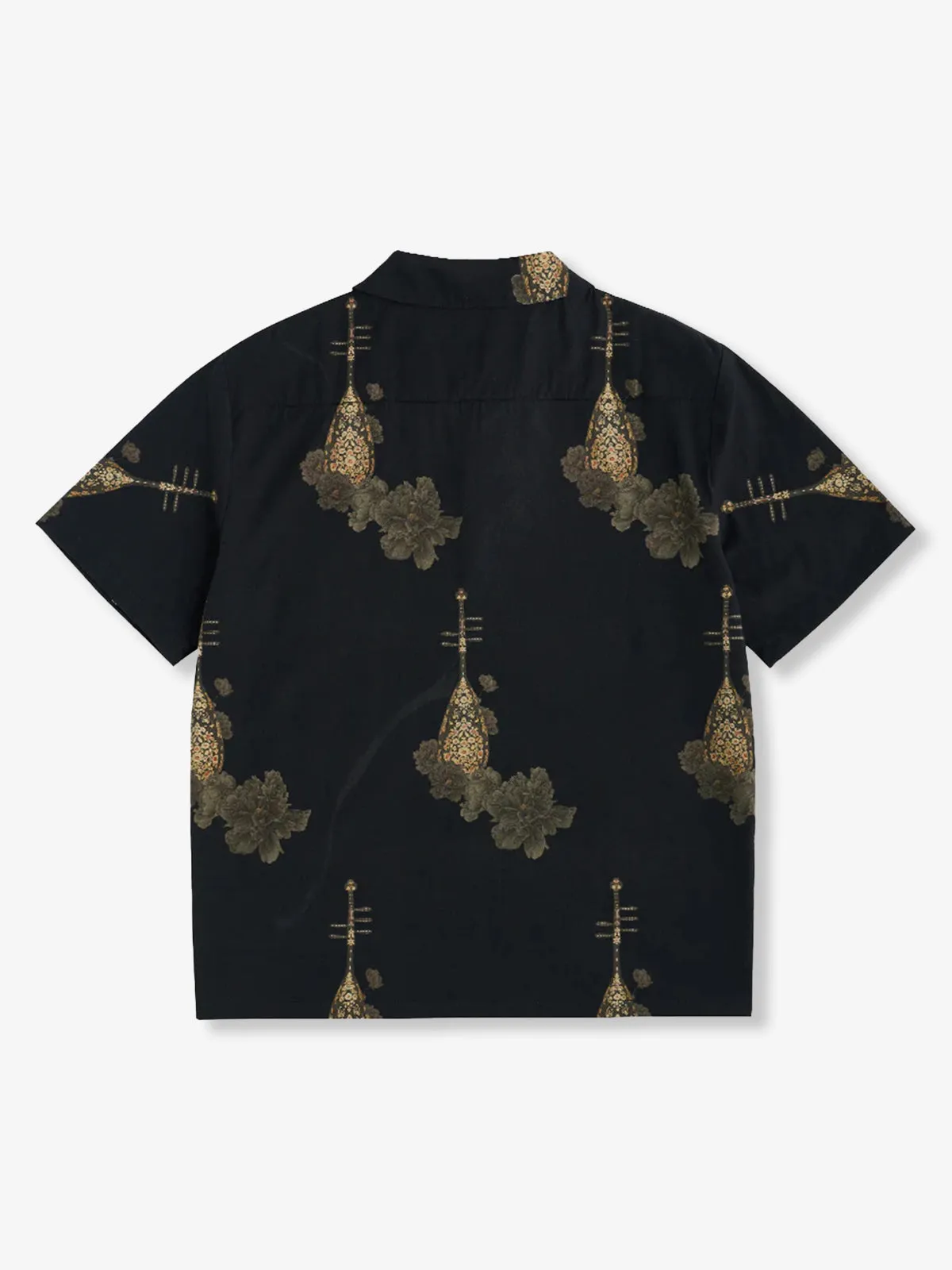 Chinese Buttons and Ink-Wash Style Biwa & Peony Motif Open Collar Shirt sold by Karaku product image thumbnail 2