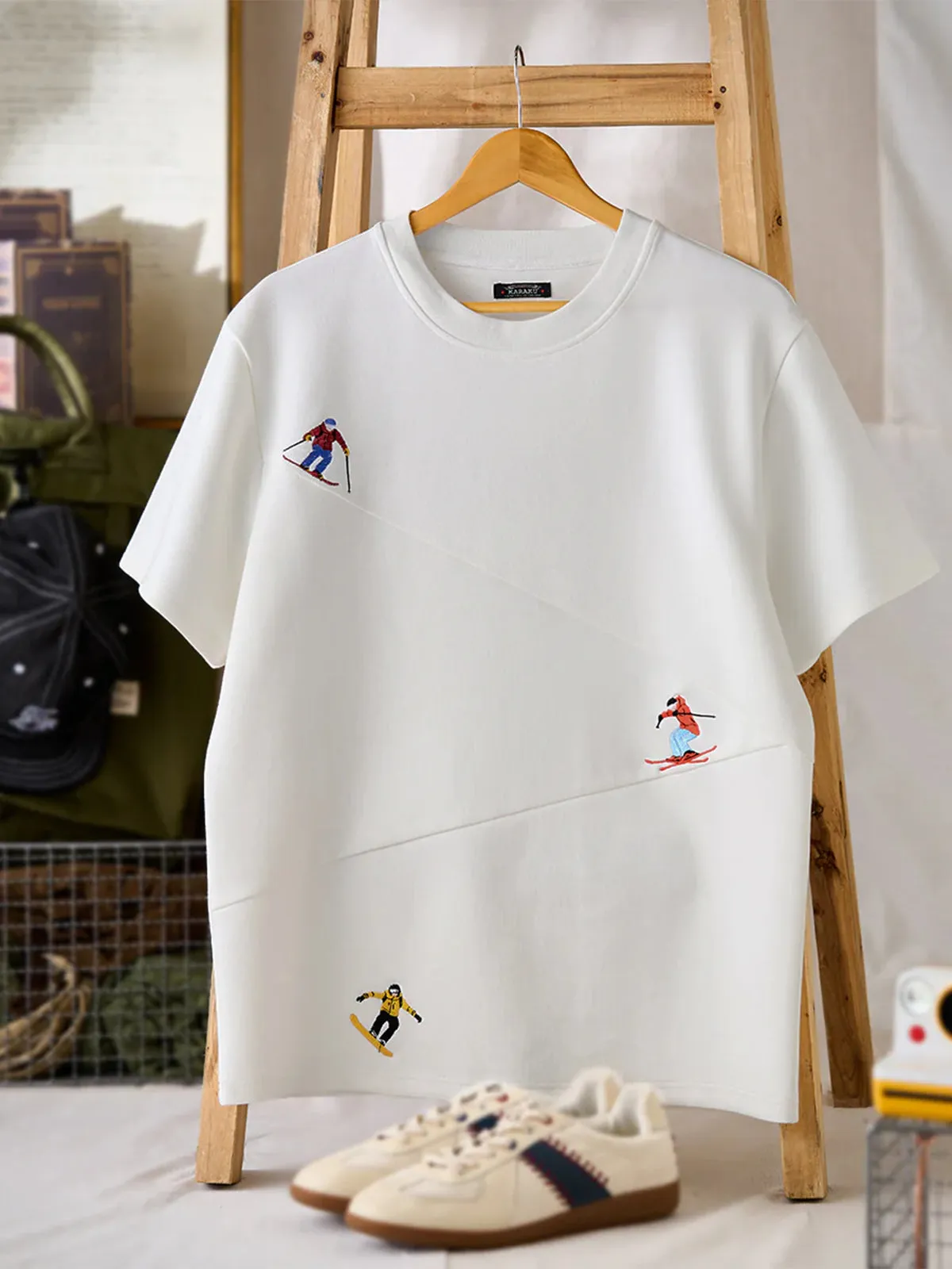 "Snowy Skier" Embroidered Piqué Cotton T-Shirt sold by Karaku product image thumbnail 3