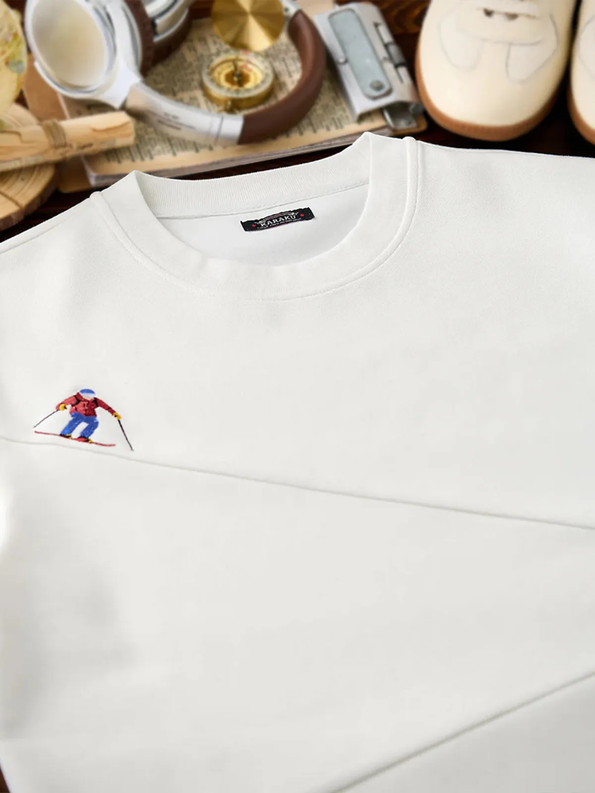 "Snowy Skier" Embroidered Piqué Cotton T-Shirt sold by Karaku product image thumbnail 4
