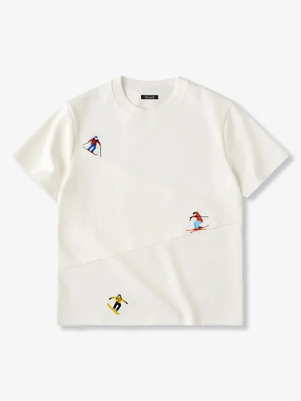 "Snowy Skier" Embroidered Piqué Cotton T-Shirt sold by Karaku
