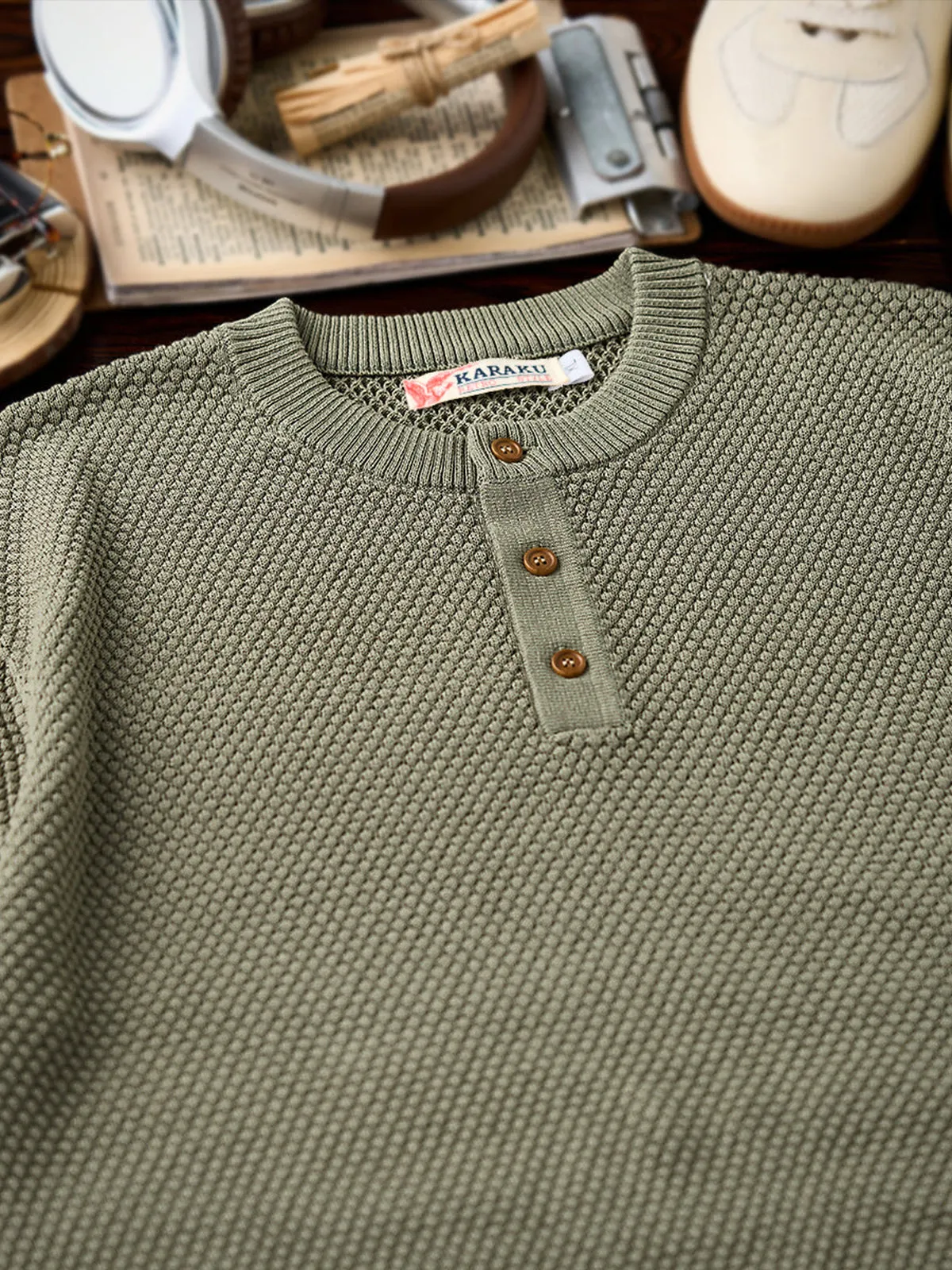 Henley Neck Pineapple Pile Knit Tee sold by Karaku product image thumbnail 4