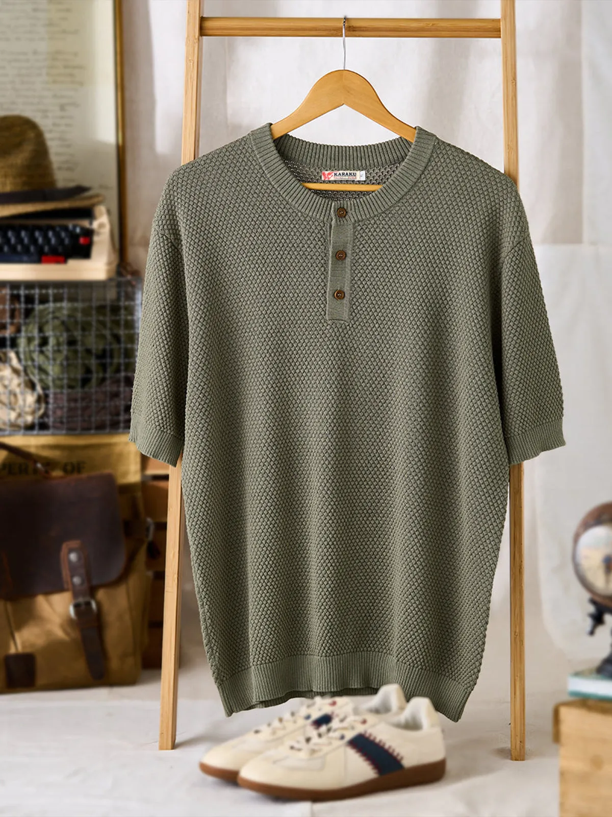 Henley Neck Pineapple Pile Knit Tee sold by Karaku product image thumbnail 3