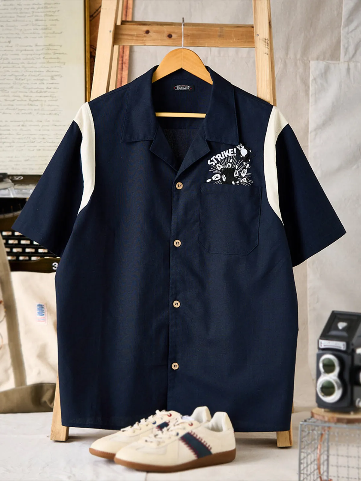 "Cat Bowling a Strike" Embroidered Open Collar Shirt sold by Karaku product image thumbnail 3