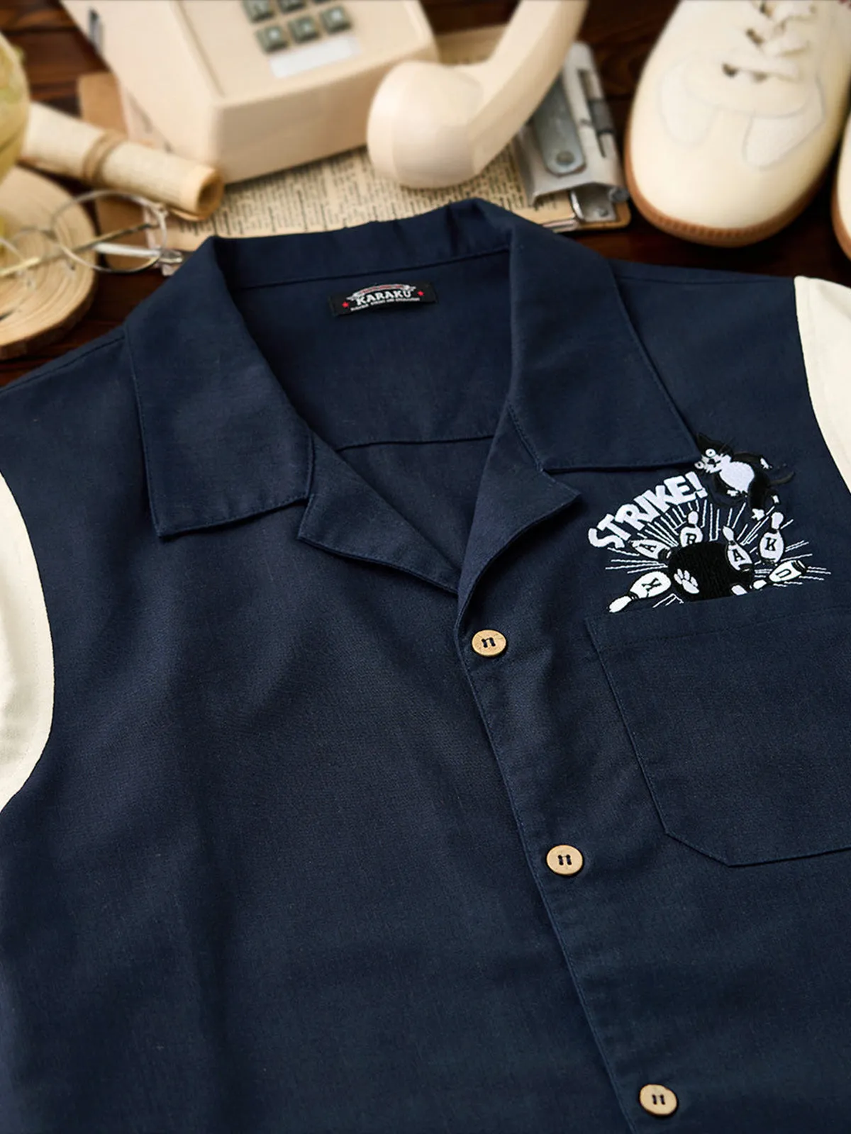 "Cat Bowling a Strike" Embroidered Open Collar Shirt sold by Karaku product image thumbnail 5