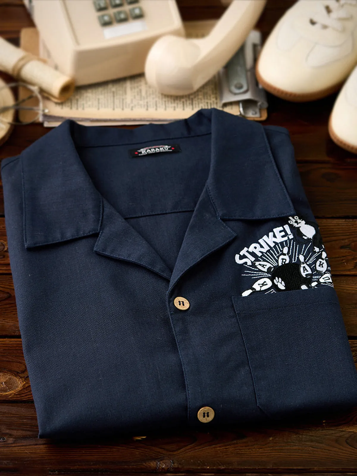 "Cat Bowling a Strike" Embroidered Open Collar Shirt sold by Karaku product image thumbnail 4