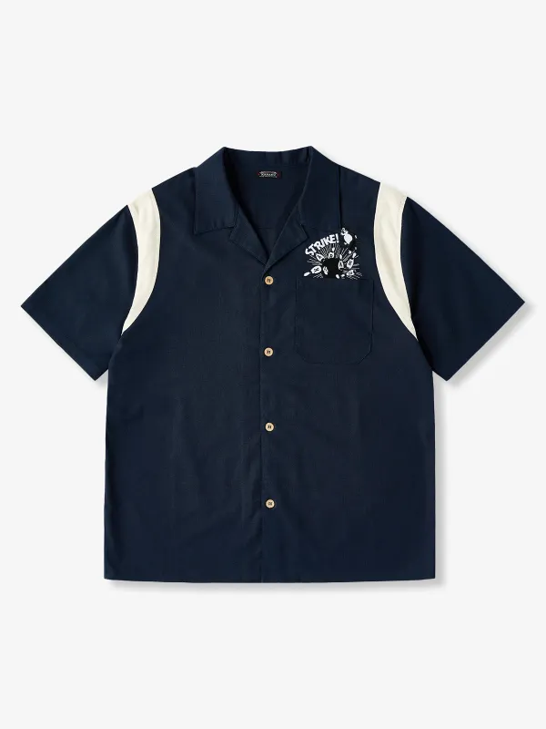 "Cat Bowling a Strike" Embroidered Open Collar Shirt sold by Karaku
