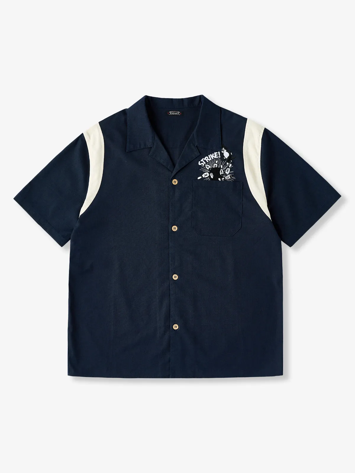 "Cat Bowling a Strike" Embroidered Open Collar Shirt sold by Karaku