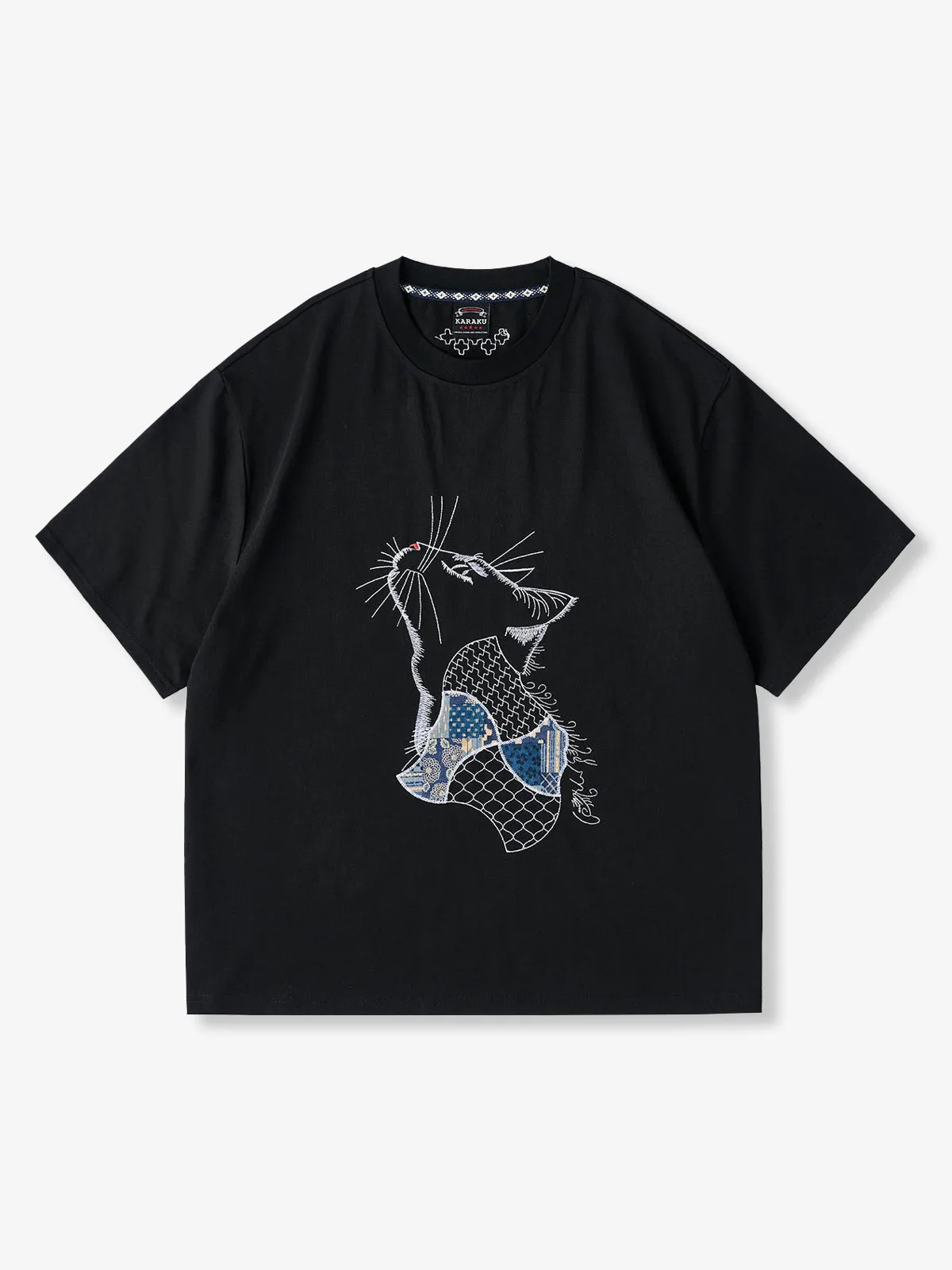 Reconstructed “Cat’s Prayer” Sashiko × Vintage Patchwork T-Shirt sold by Karaku