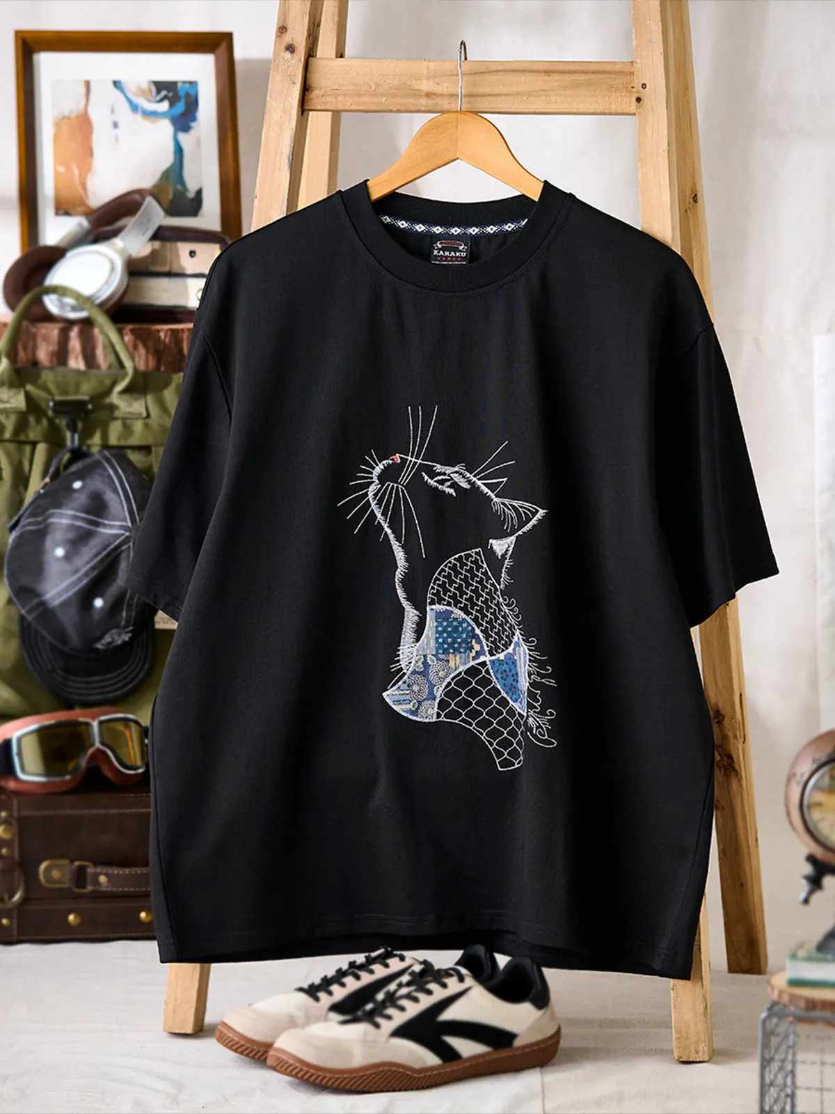 Reconstructed “Cat’s Prayer” Sashiko × Vintage Patchwork T-Shirt sold by Karaku product image thumbnail 3