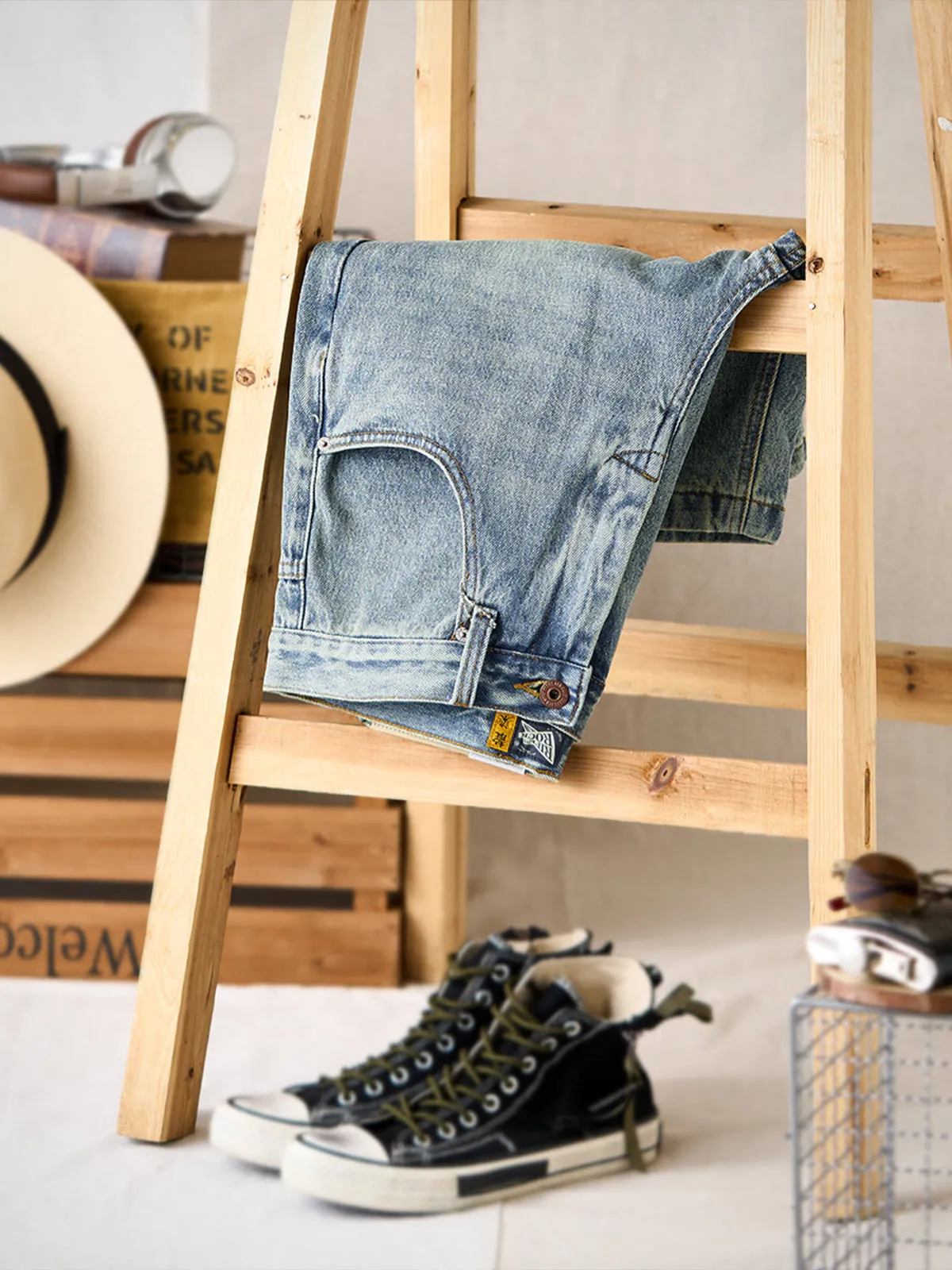 Whiskered Pocket-Stitch Denim Shorts sold by Karaku product image thumbnail 3