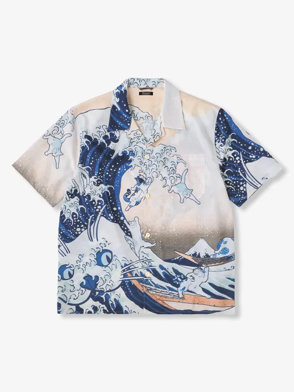 "Cats in the Great Wave" Ukiyo-e Aloha Shirt sold by Karaku