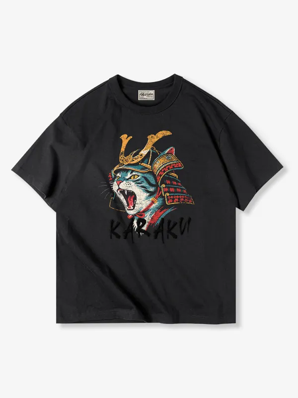 "Roaring Shogun Cat" Print & Karaku Embroidery T-shirt sold by Karaku