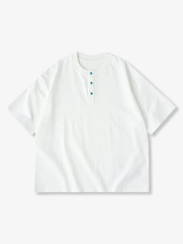 Turquoise Button Cotton Slub Henley T-Shirt sold by Karaku