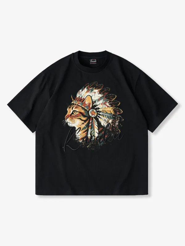 "Indian Chief Cat" Pattern Cotton T-shirt sold by Karaku