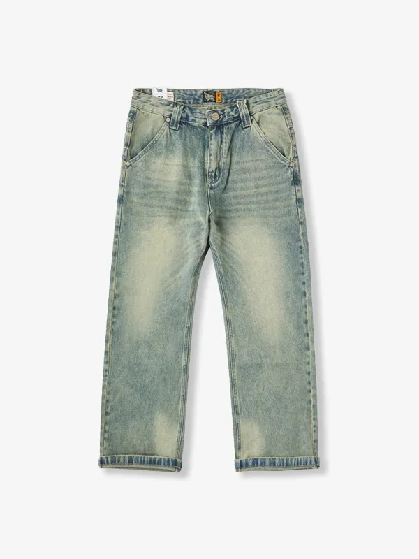 Washed Straight-Leg Denim Pants with Distressed Hems and Vintage Finish sold by Karaku