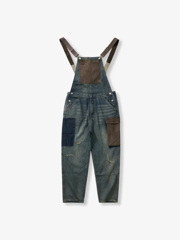 Distressed Finish Color-Block Pocket Combination Overalls sold by Karaku