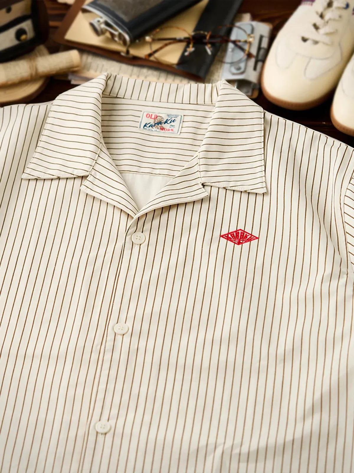 "KaraKu" Diamond Embroidered Logo Pinstripe Open Collar Shirt sold by Karaku product image thumbnail 4
