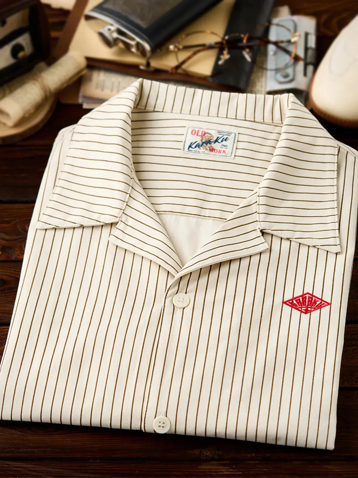 "KaraKu" Diamond Embroidered Logo Pinstripe Open Collar Shirt sold by Karaku product image thumbnail 5