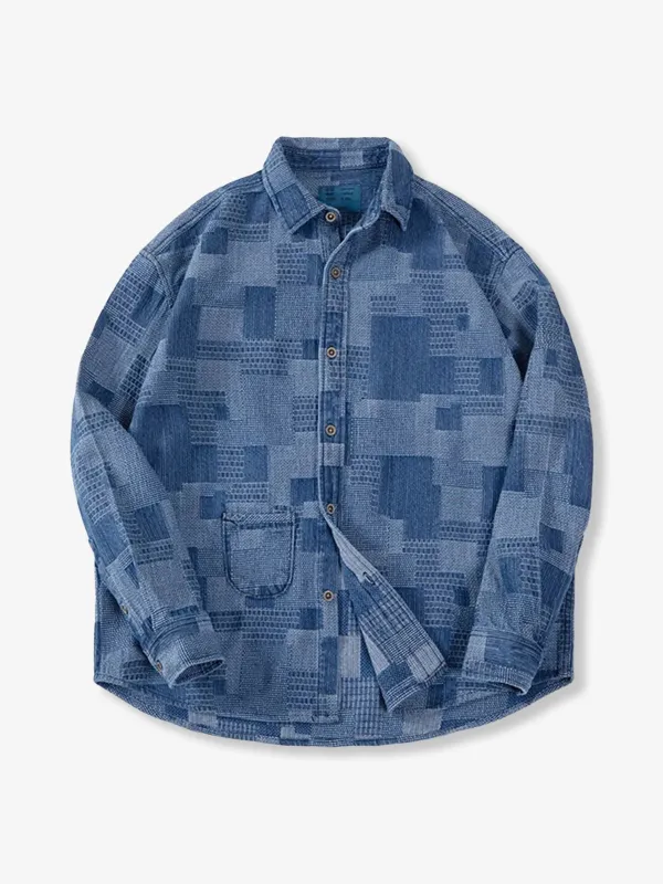 Boro Jacquard Pre-dyed Denim Work Shirt sold by Karaku