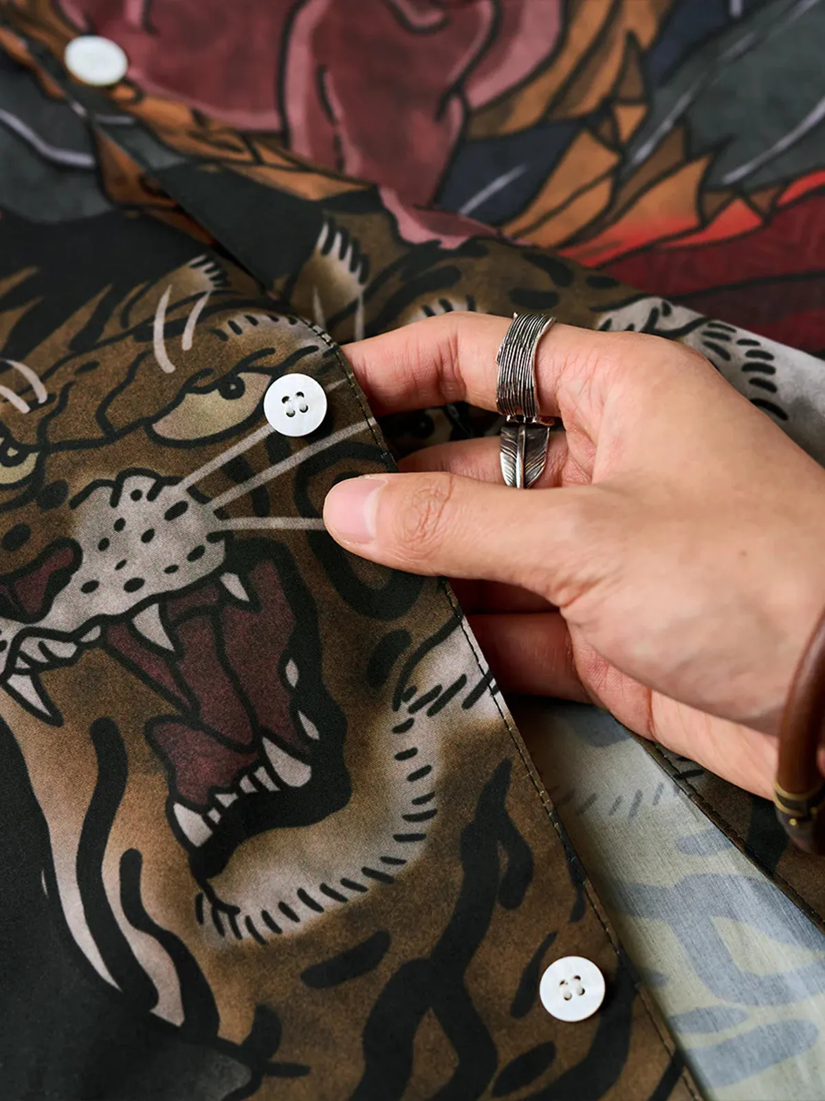 "Water Light: Takematsu's Tiger-killing Hand" Ukiyo-e style Open Collar Shirt sold by Karaku product image thumbnail 5