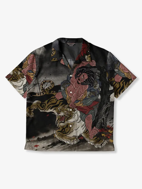 "Water Light: Takematsu's Tiger-killing Hand" Ukiyo-e style Open Collar Shirt sold by Karaku