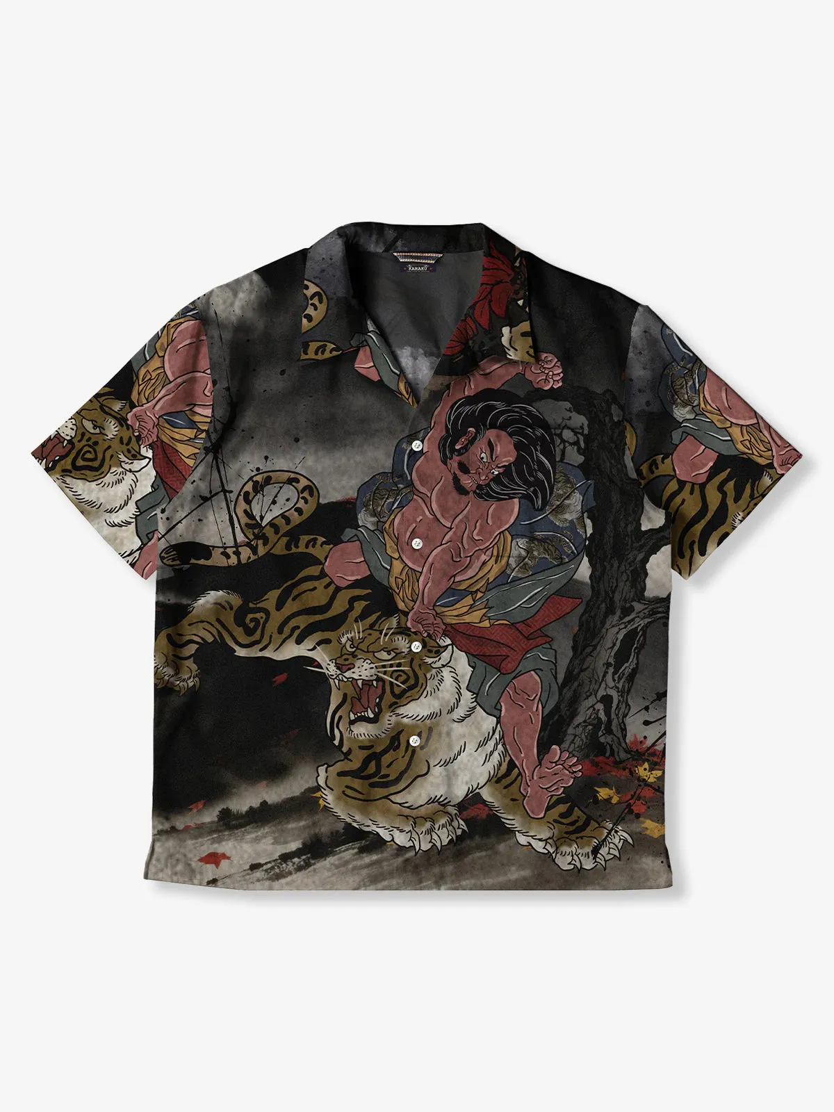 "Water Light: Takematsu's Tiger-killing Hand" Ukiyo-e style Open Collar Shirt sold by Karaku
