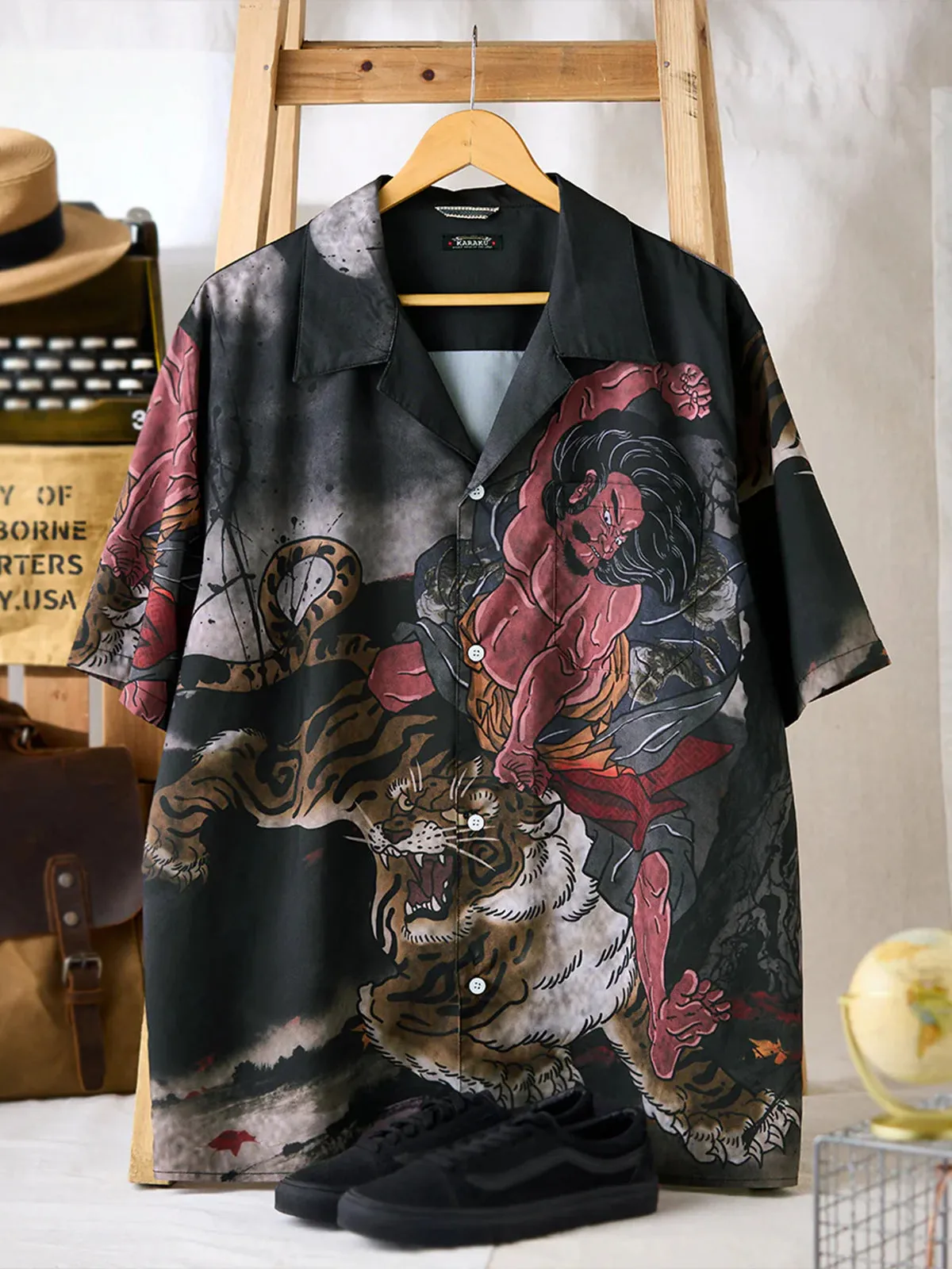"Water Light: Takematsu's Tiger-killing Hand" Ukiyo-e style Open Collar Shirt sold by Karaku product image thumbnail 3