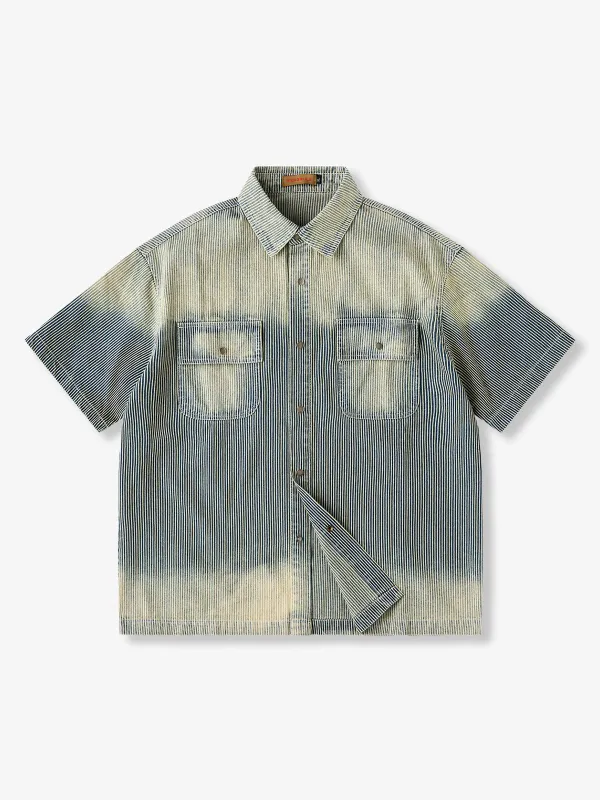Striped & Solid Washed Short Sleeve Denim Work Shirt sold by Karaku