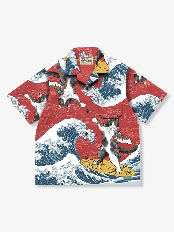 "KaraKux365CAT.ART" Kanagawa Oki Namura, Tattoo Cat Surfing Aloha Shirt sold by Karaku