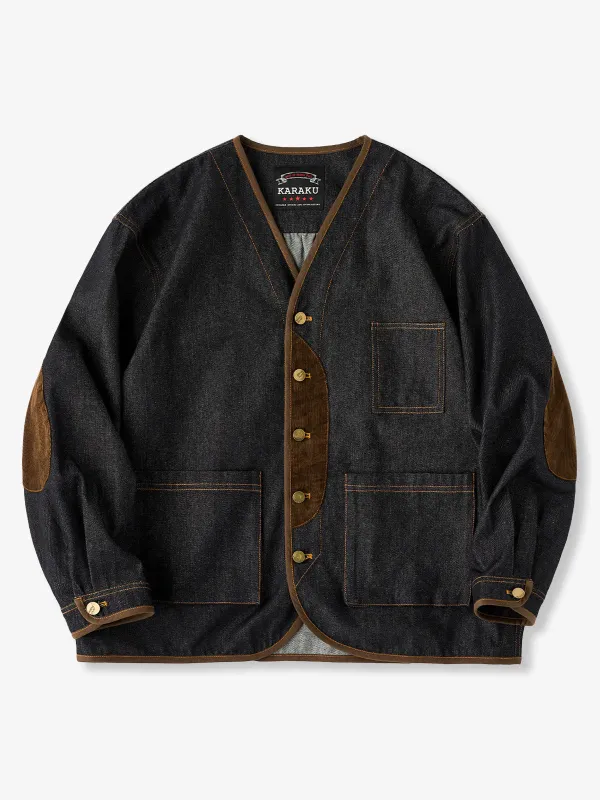 Elbow Corduroy Patches Collarless Denim Jacket sold by Karaku