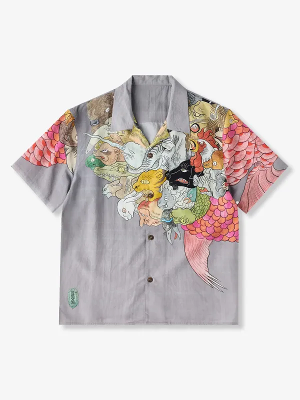 KARAKU×Ayako Ishiguro "Hundred-headed Fish" Ukiyo-e Style Tencel Aloha Shirt sold by Karaku
