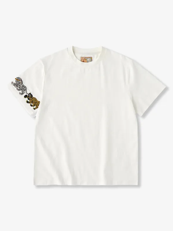 KARAKU×Ayako Ishiguro "Tiger Row Biting the Tail" Sleeve Embroidery Cotton T-Shirt sold by Karaku