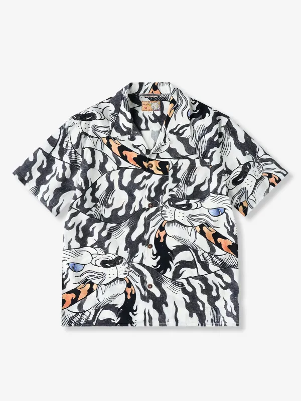 KARAKU×Ayako Ishiguro "White Tiger Biting the Tail" All-over Graphic Print Tencel Aloha Shirt sold by Karaku