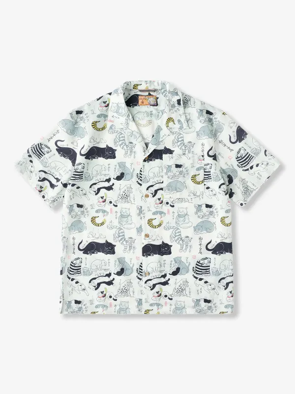 KARAKU×Ayako Ishiguro "Cat Hyaksei" Total Pattern Ukiyo-e Style Tencel Aloha Shirt sold by Karaku