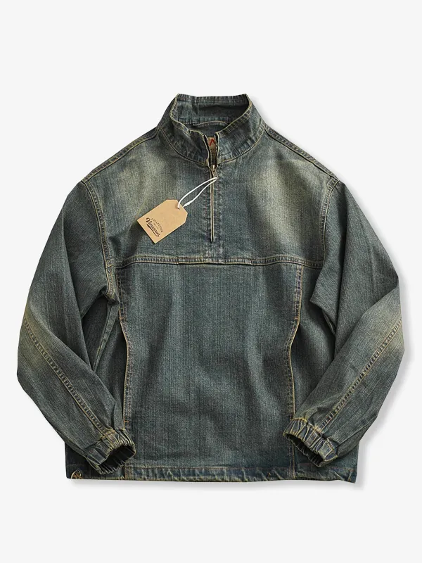 Washed Stand Collar Half-Zip Denim Pullover Shirt sold by Karaku