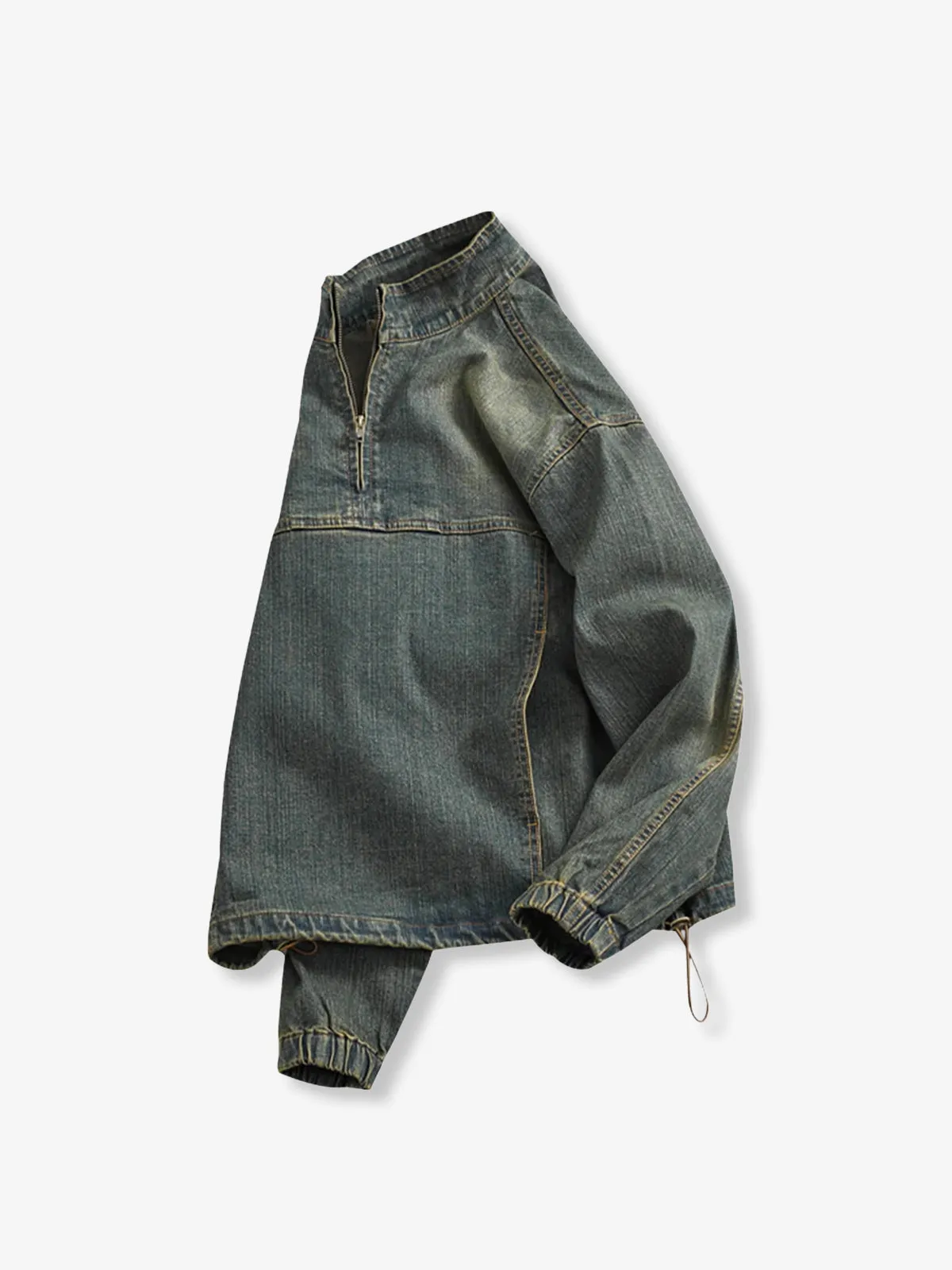 Washed Stand Collar Half-Zip Denim Pullover Shirt sold by Karaku product image thumbnail 3