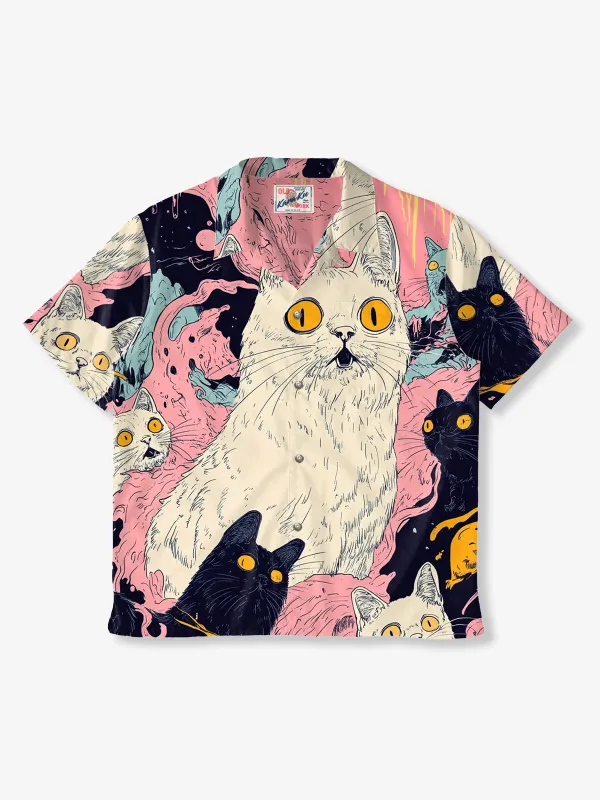 "Cat's Fantasy Universe" Asymmetric Print Open Collar Aloha Shirt sold by Karaku