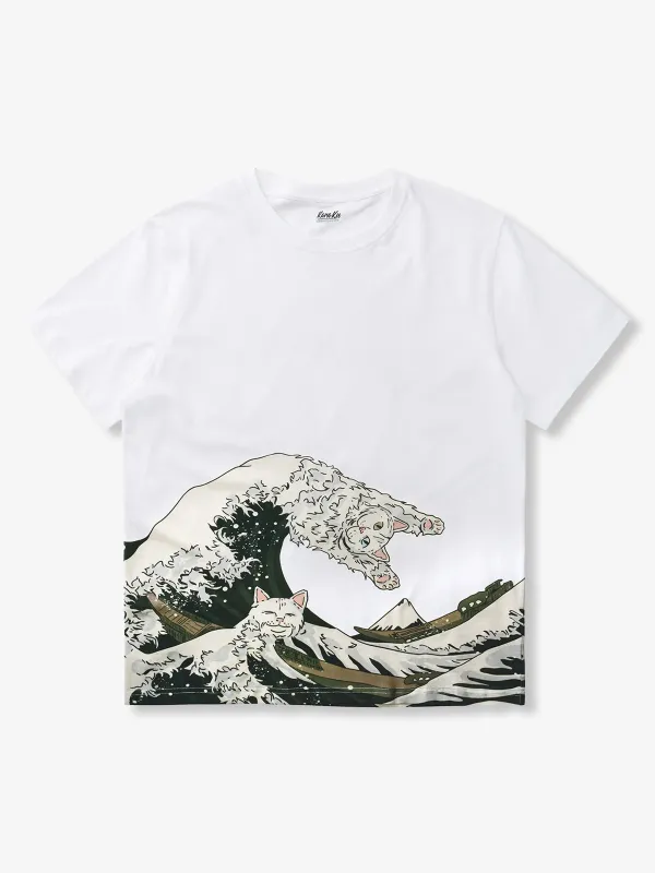 "Kanagawa Okina Village and the Cat Riding the Waves" Ukiyo-e Style Cotton T-shirt sold by Karaku