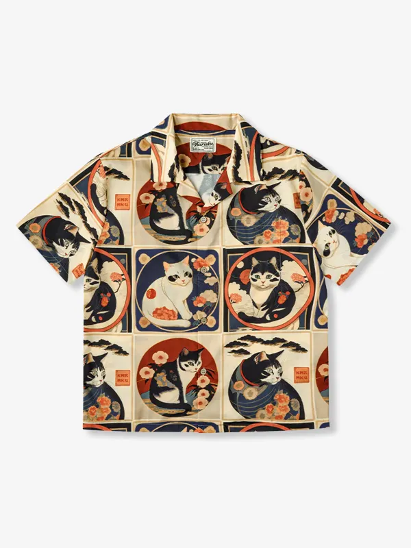 Meiji Era Cat All-over Pattern Ukiyo-e style Aloha Shirt sold by Karaku